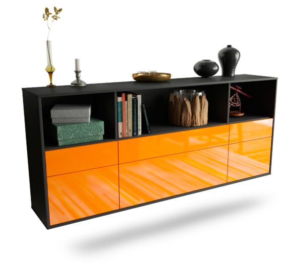 Sideboard Cary | hängend | Korpus Anthrazit | Front in Hochglanz Orange | 180x79x35cm (BxHxT)
