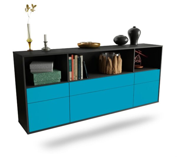 Sideboard Cary | hängend | Korpus Anthrazit | Front in Türkis | 180x79x35cm (BxHxT)
