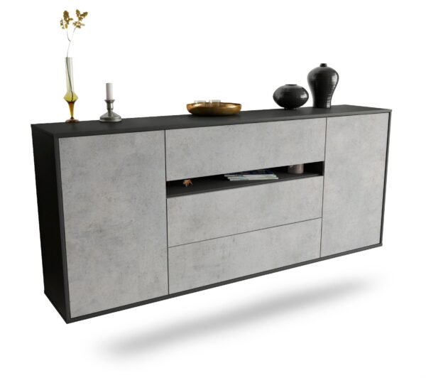 Sideboard McKinney | hängend | Korpus Anthrazit | Front in Beton Optik | 180x79x35cm (BxHxT)