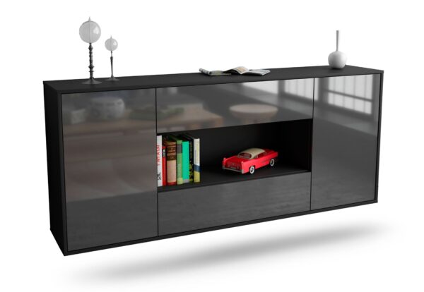 Sideboard Denton | hängend | Korpus Anthrazit | Front in Hochglanz Grau | 180x79x35cm (BxHxT)