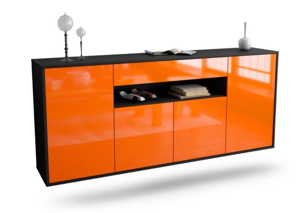 Sideboard Lansing | hängend | Korpus Anthrazit | Front in Hochglanz Orange | 180x79x35cm (BxHxT)