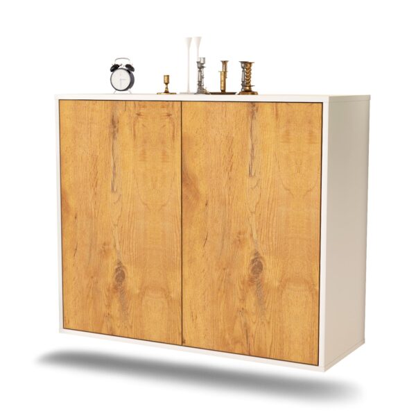 Sideboard Hialeah | hängend | Korpus Weiß | Front in Eiche Holz Optik | 92x79x35cm (BxHxT)