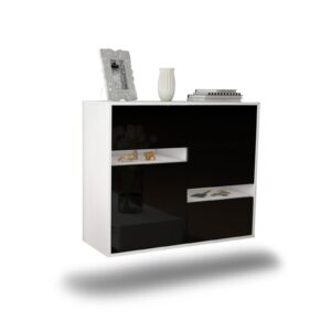 Sideboard Irvine | hängend | Korpus Weiß | Front in Hochglanz Schwarz | 92x79x35cm (BxHxT)