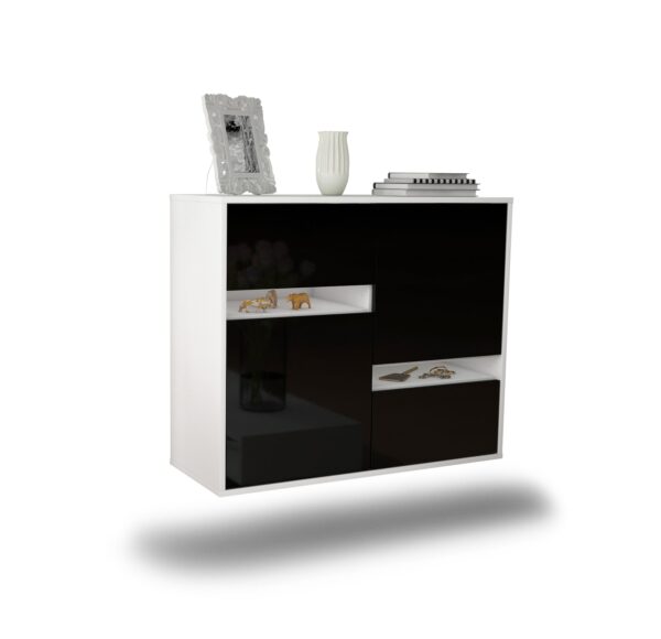 Sideboard Irvine | hängend | Korpus Weiß | Front in Hochglanz Schwarz | 92x79x35cm (BxHxT)