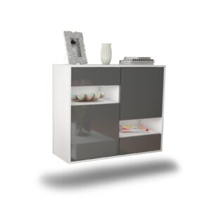 Sideboard Spokane | hängend | Korpus Weiß | Front in Hochglanz Grau | 92x79x35cm (BxHxT)