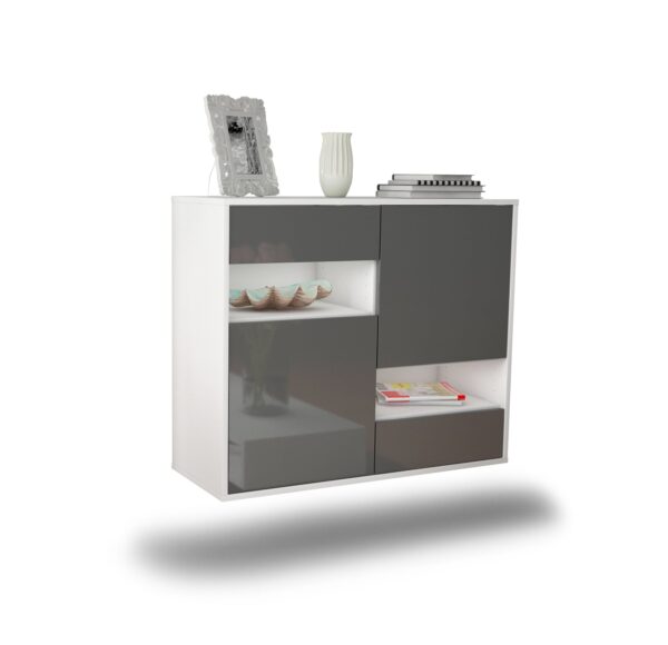 Sideboard Spokane | hängend | Korpus Weiß | Front in Hochglanz Grau | 92x79x35cm (BxHxT)