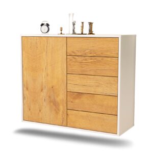 Sideboard Yonkers | hängend | Korpus Weiß | Front in Eiche Holz Optik | 92x79x35cm (BxHxT)
