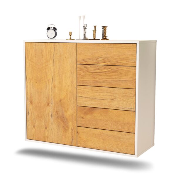 Sideboard Yonkers | hängend | Korpus Weiß | Front in Eiche Holz Optik | 92x79x35cm (BxHxT)
