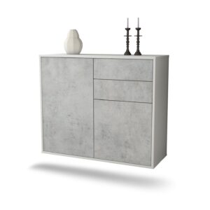 Sideboard Huntington Beach | hängend | Korpus Weiß | Front in Beton Optik | 92x79x35cm (BxHxT)
