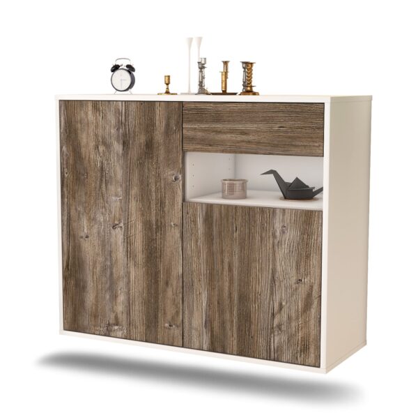 Sideboard Augusta | hängend | Korpus Weiß | Front in Treibholz Holz Optik | 92x79x35cm (BxHxT)