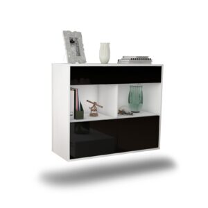 Sideboard Mobile | hängend | Korpus Weiß | Front in Hochglanz Schwarz | 92x79x35cm (BxHxT)