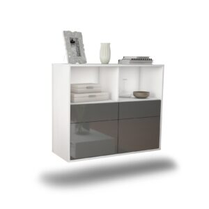Sideboard Moreno Valley | hängend | Korpus Weiß | Front in Hochglanz Grau | 92x79x35cm (BxHxT)