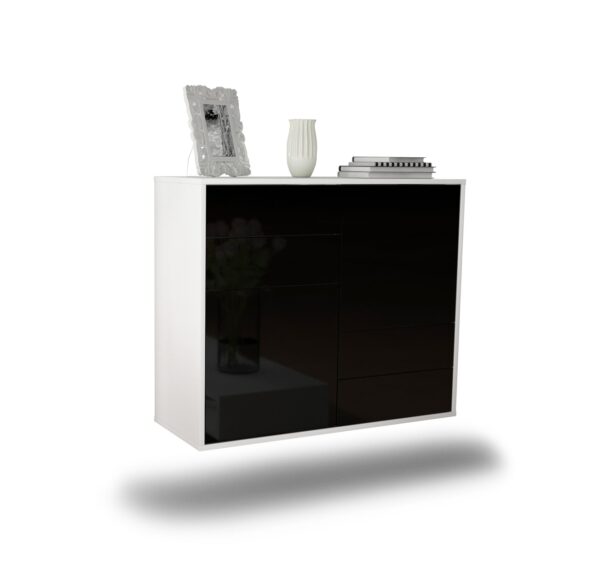 Sideboard Little Rock | hängend | Korpus Weiß | Front in Hochglanz Schwarz | 92x79x35cm (BxHxT)