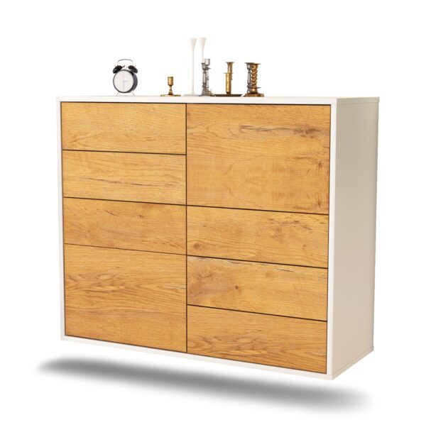 Sideboard Amarillo | hängend | Korpus Weiß | Front in Eiche Holz Optik | 92x79x35cm (BxHxT)