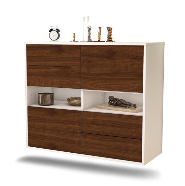 Sideboard Oxnard | hängend | Korpus Weiß | Front in Walnuss Holz Optik | 92x79x35cm (BxHxT)