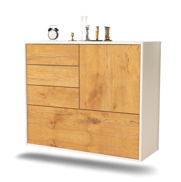 Sideboard Fontana | hängend | Korpus Weiß | Front in Eiche Holz Optik | 92x79x35cm (BxHxT)