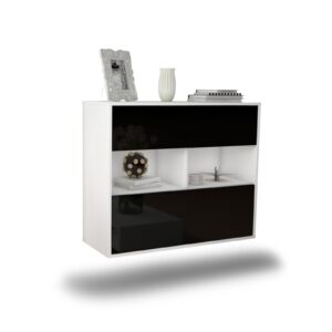 Sideboard Newport News | hängend | Korpus Weiß | Front in Hochglanz Schwarz | 92x79x35cm (BxHxT)