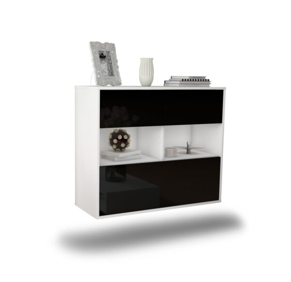 Sideboard Newport News | hängend | Korpus Weiß | Front in Hochglanz Schwarz | 92x79x35cm (BxHxT)