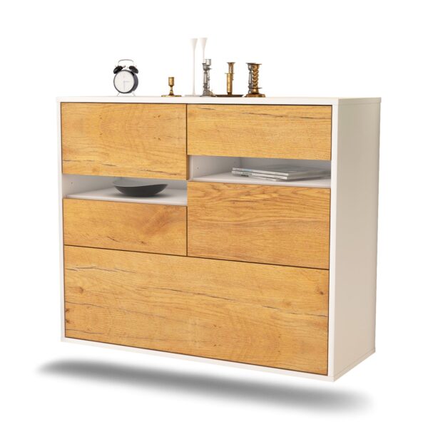 Sideboard Fayetteville | hängend | Korpus Weiß | Front in Eiche Holz Optik | 92x79x35cm (BxHxT)
