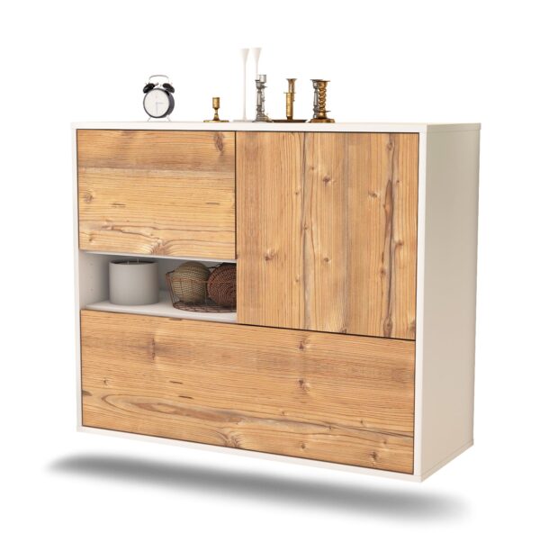 Sideboard Santa Clarita | hängend | Korpus Weiß | Front in Pinie Holz Optik | 92x79x35cm (BxHxT)