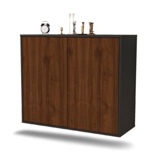 Sideboard Hialeah | hängend | Korpus Anthrazit | Front in Walnuss Holz Optik | 92x79x35cm (BxHxT)