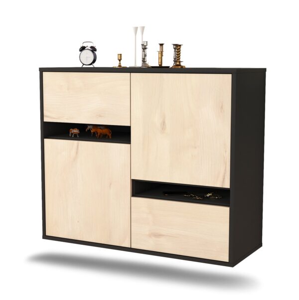 Sideboard Irvine | hängend | Korpus Anthrazit | Front in Zeder Holz Optik | 92x79x35cm (BxHxT)