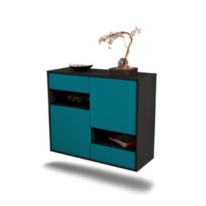 Sideboard Spokane | hängend | Korpus Anthrazit | Front in Türkis | 92x79x35cm (BxHxT)