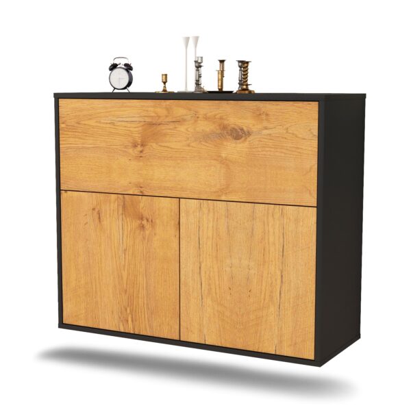 Sideboard Irving | hängend | Korpus Anthrazit | Front in Eiche Holz Optik | 92x79x35cm (BxHxT)