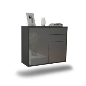 Sideboard Huntington Beach | hängend | Korpus Anthrazit | Front in Hochglanz Grau | 92x79x35cm (BxHxT)