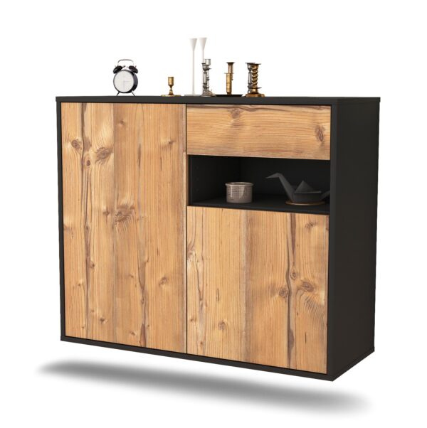 Sideboard Augusta | hängend | Korpus Anthrazit | Front in Pinie Holz Optik | 92x79x35cm (BxHxT)
