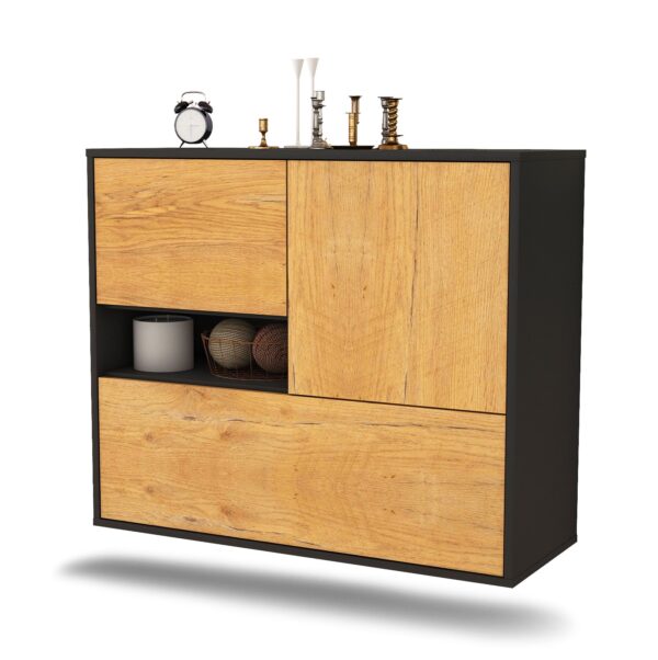 Sideboard Santa Clarita | hängend | Korpus Anthrazit | Front in Eiche Holz Optik | 92x79x35cm (BxHxT)