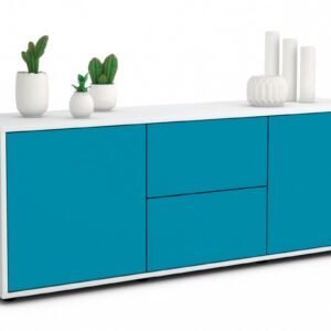 Lowboard Alma | Korpus Weiß | Front in Türkis | 136x49x35cm (BxHxT)