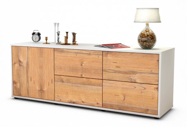 Lowboard Aloisia | Korpus Weiß | Front in Pinie Holz Optik | 136x49x35cm (BxHxT)
