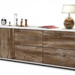 Lowboard Aloisia | Korpus Weiß | Front in Treibholz Holz Optik | 136x49x35cm (BxHxT)