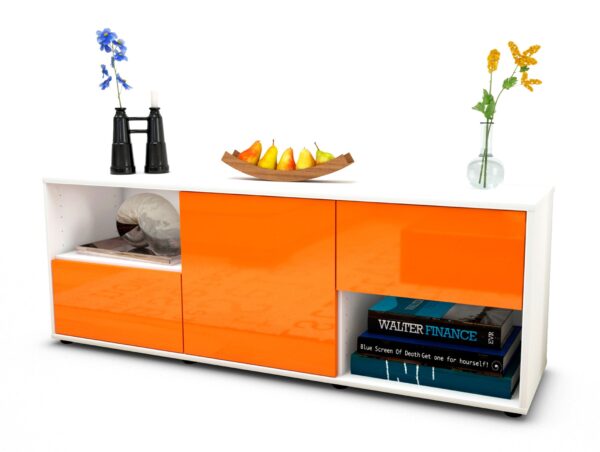 Lowboard Ambra | Korpus Weiß | Front in Hochglanz Orange | 136x49x35cm (BxHxT)