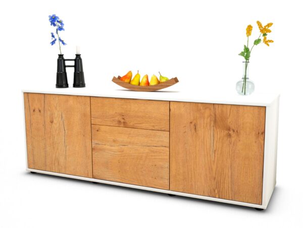 Lowboard Anella | Korpus Weiß | Front in Eiche Holz Optik | 136x49x35cm (BxHxT)