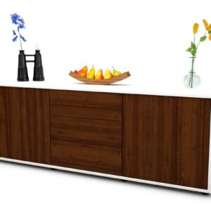 Lowboard Anella | Korpus Weiß | Front in Walnuss Holz Optik | 136x49x35cm (BxHxT)