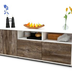 Lowboard Angelina | Korpus Weiß | Front in Treibholz Holz Optik | 136x49x35cm (BxHxT)