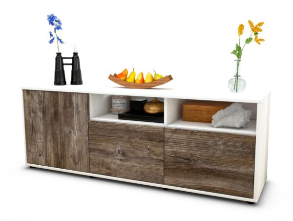 Lowboard Angelina | Korpus Weiß | Front in Treibholz Holz Optik | 136x49x35cm (BxHxT)