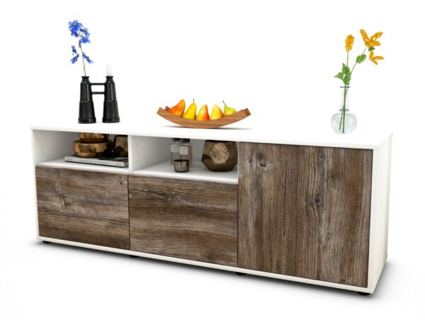 Lowboard Anina | Korpus Weiß | Front in Treibholz Holz Optik | 136x49x35cm (BxHxT)