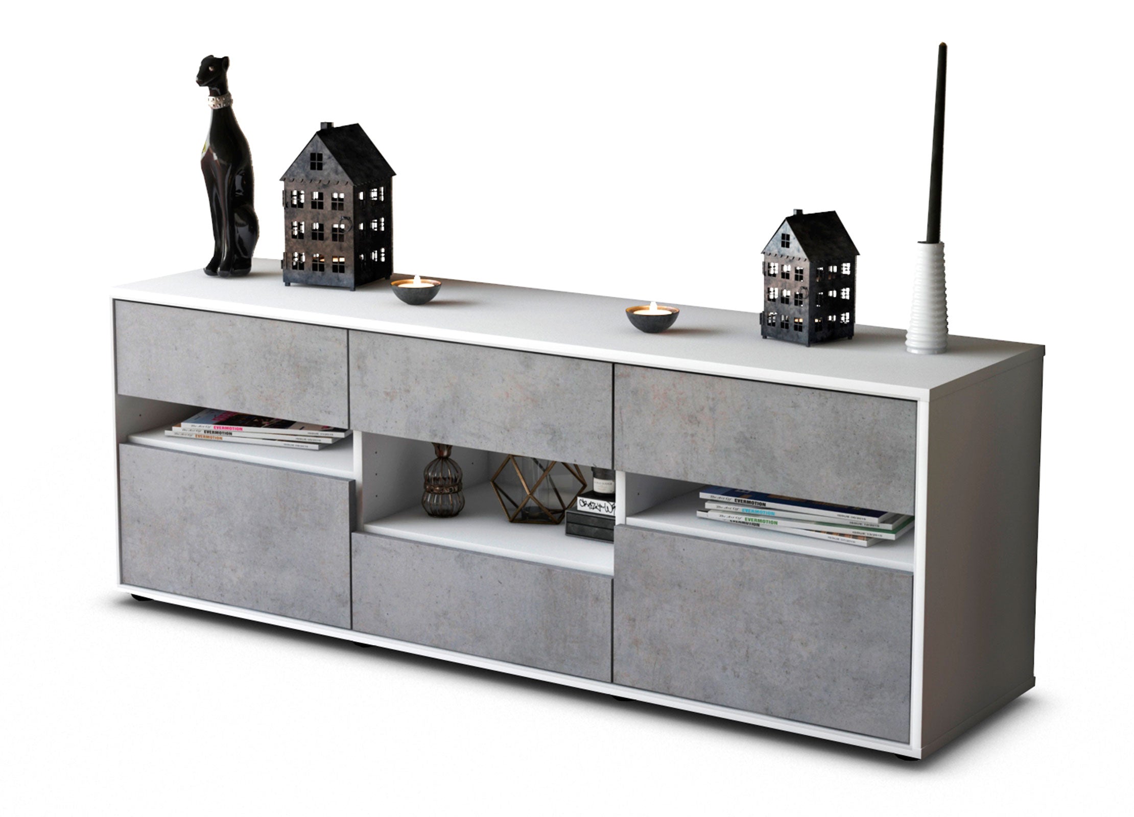 Lowboard Annamaria | Korpus Weiß | Front in Beton Optik | 136x49x35cm (BxHxT) 1 Lowboard Annamaria | Korpus Weiß | Front in Beton Optik | 136x49x35cm (BxHxT)