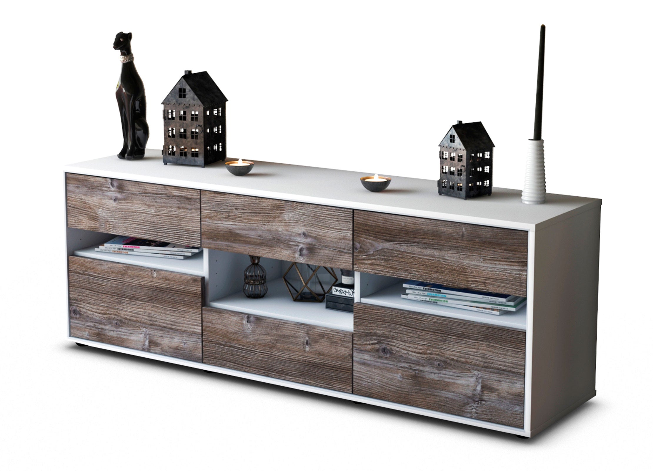 Lowboard Annamaria | Korpus Weiß | Front in Treibholz Holz Optik | 136x49x35cm (BxHxT) 1 Lowboard Annamaria | Korpus Weiß | Front in Treibholz Holz Optik | 136x49x35cm (BxHxT)