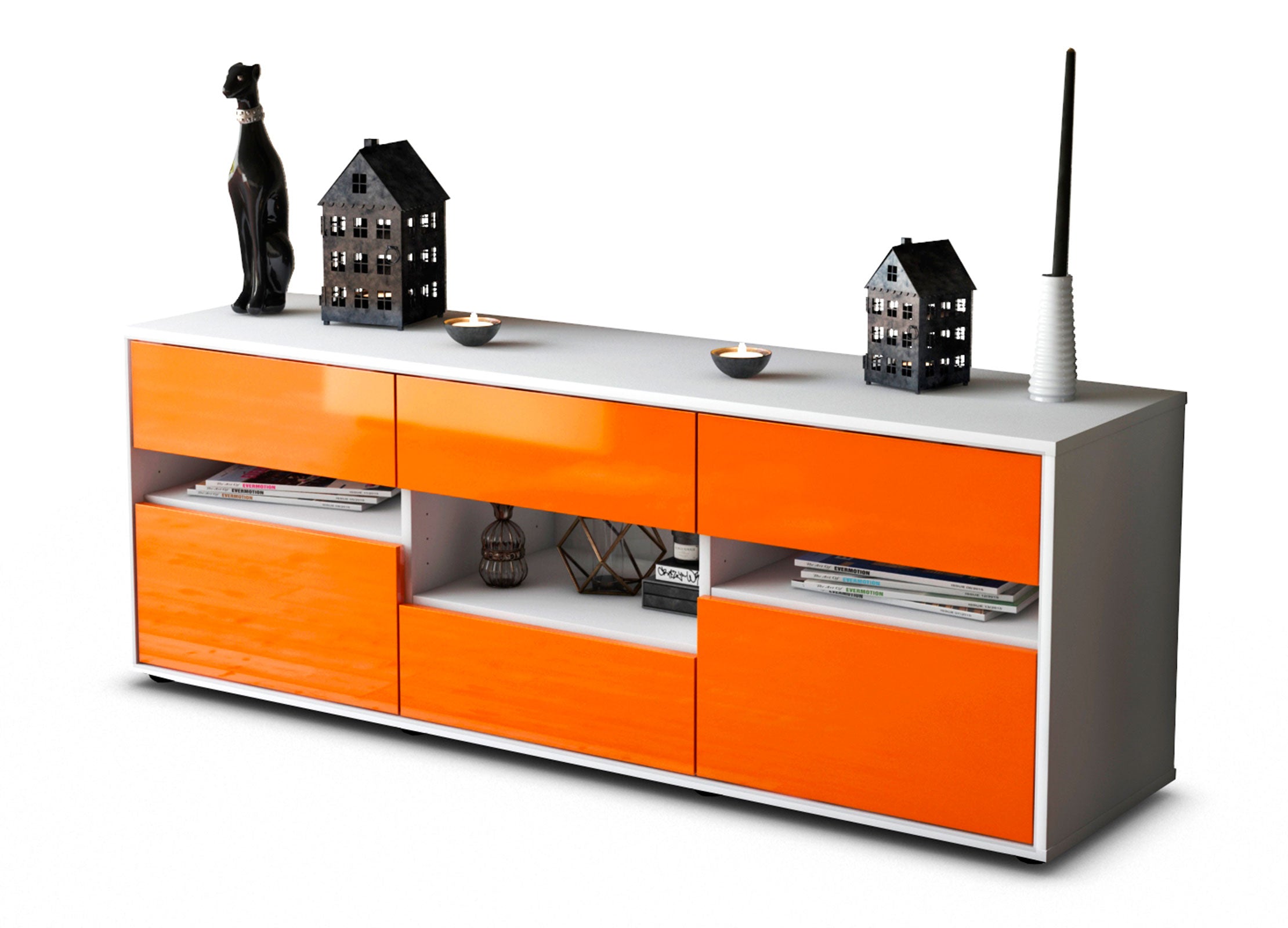 Lowboard Annamaria | Korpus Weiß | Front in Hochglanz Orange | 136x49x35cm (BxHxT) 1 Lowboard Annamaria | Korpus Weiß | Front in Hochglanz Orange | 136x49x35cm (BxHxT)