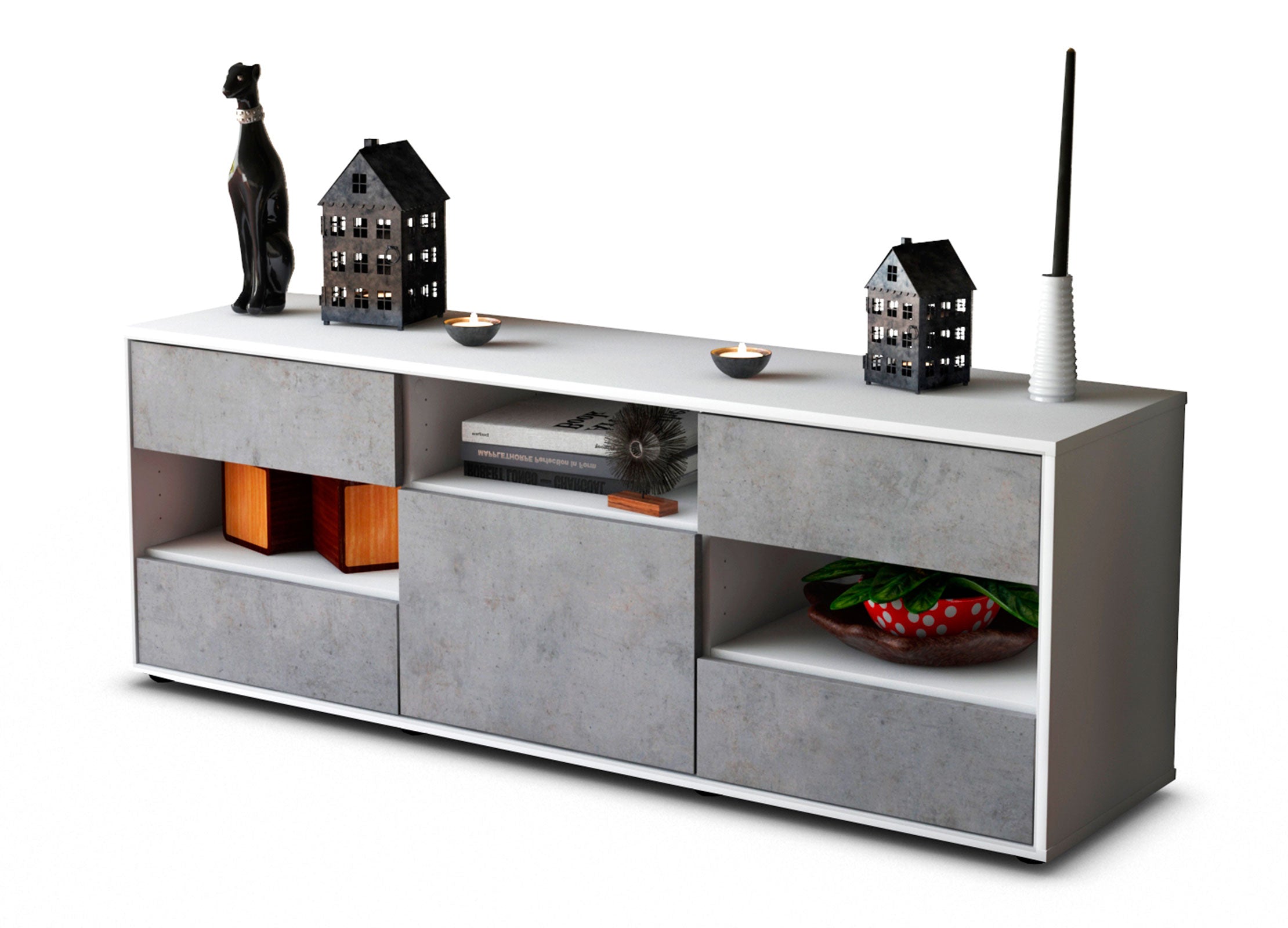 Lowboard Annina | Korpus Weiß | Front in Beton Optik | 136x49x35cm (BxHxT) 1 Lowboard Annina | Korpus Weiß | Front in Beton Optik | 136x49x35cm (BxHxT)