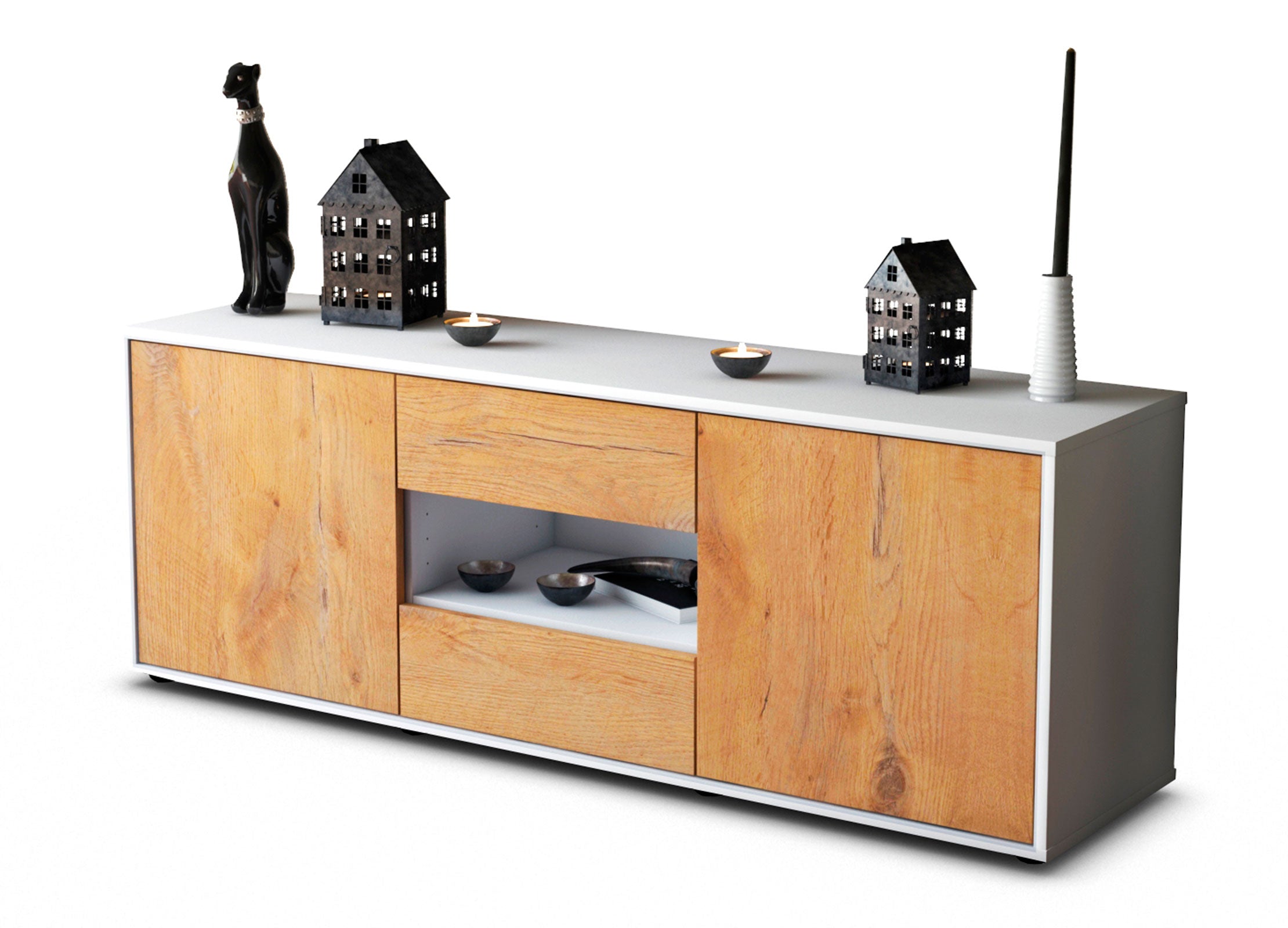 Lowboard Antonella | Korpus Weiß | Front in Eiche Holz Optik | 136x49x35cm (BxHxT) 1 Lowboard Antonella | Korpus Weiß | Front in Eiche Holz Optik | 136x49x35cm (BxHxT)
