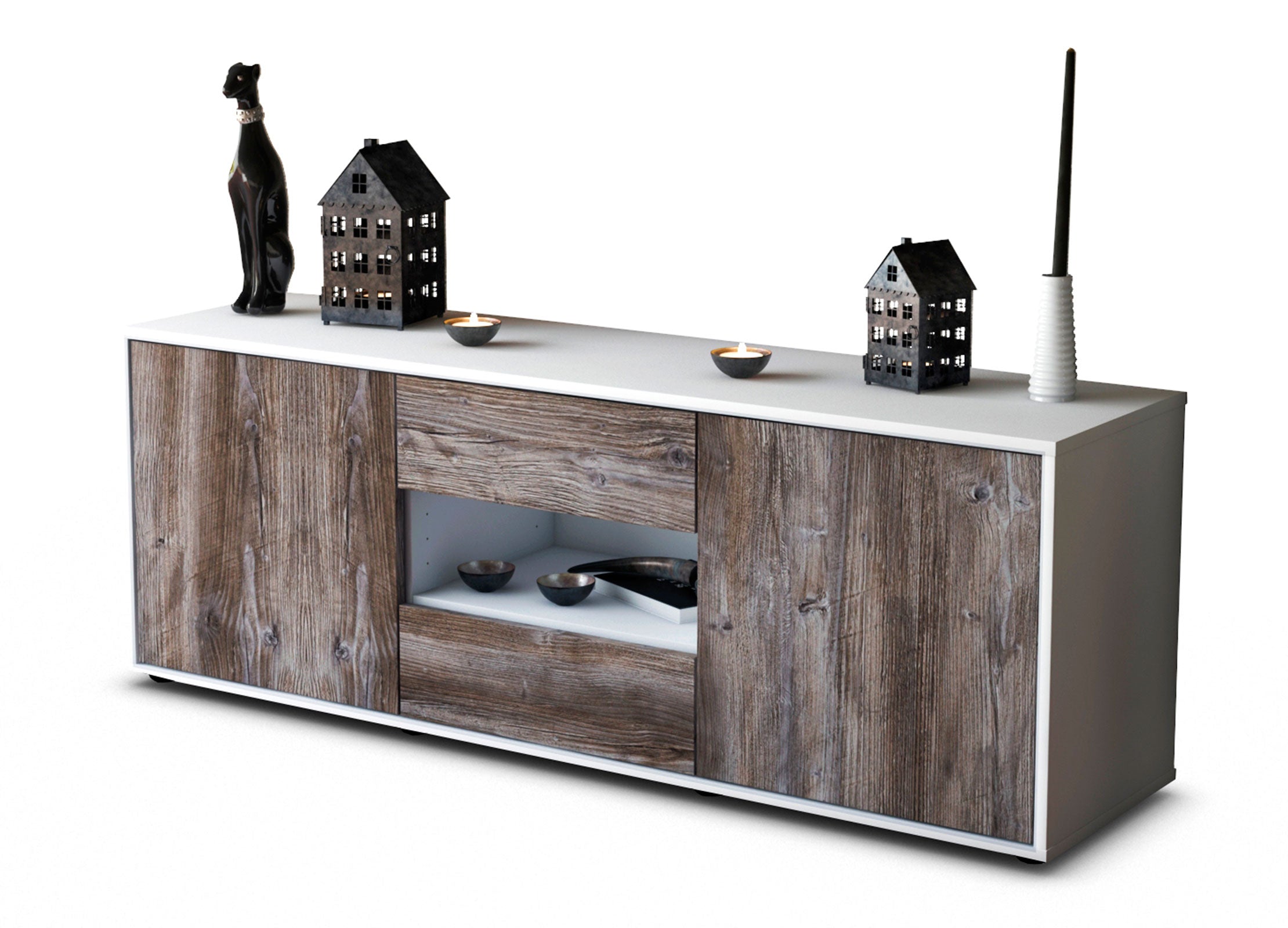 Lowboard Antonella | Korpus Weiß | Front in Treibholz Holz Optik | 136x49x35cm (BxHxT) 1 Lowboard Antonella | Korpus Weiß | Front in Treibholz Holz Optik | 136x49x35cm (BxHxT)