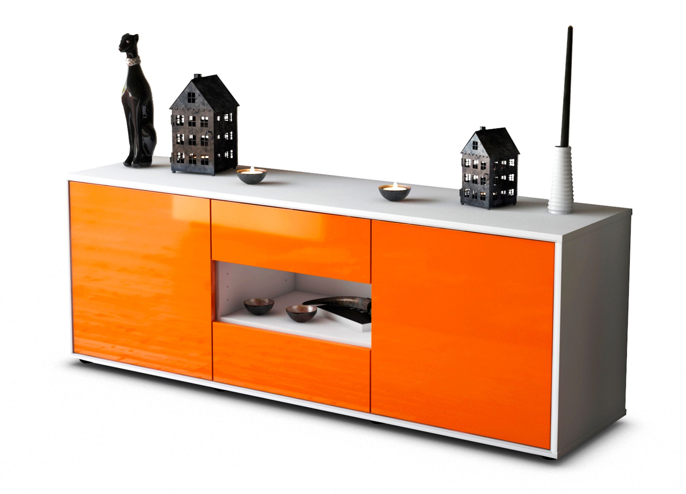 Lowboard Antonella | Korpus Weiß | Front in Hochglanz Orange | 136x49x35cm (BxHxT) 1 Lowboard Antonella | Korpus Weiß | Front in Hochglanz Orange | 136x49x35cm (BxHxT)
