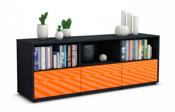 Lowboard Amalia | Korpus Anthrazit | Front in Hochglanz Orange | 136x49x35cm (BxHxT)