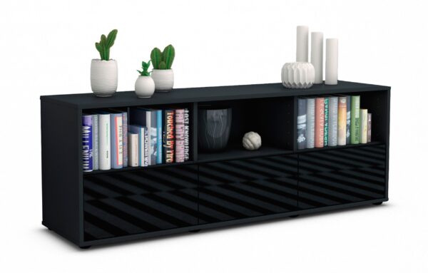 Lowboard Amalia | Korpus Anthrazit | Front in Hochglanz Schwarz | 136x49x35cm (BxHxT)