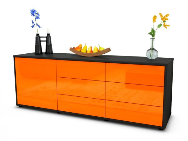 Lowboard Amedea | Korpus Anthrazit | Front in Hochglanz Orange | 136x49x35cm (BxHxT)